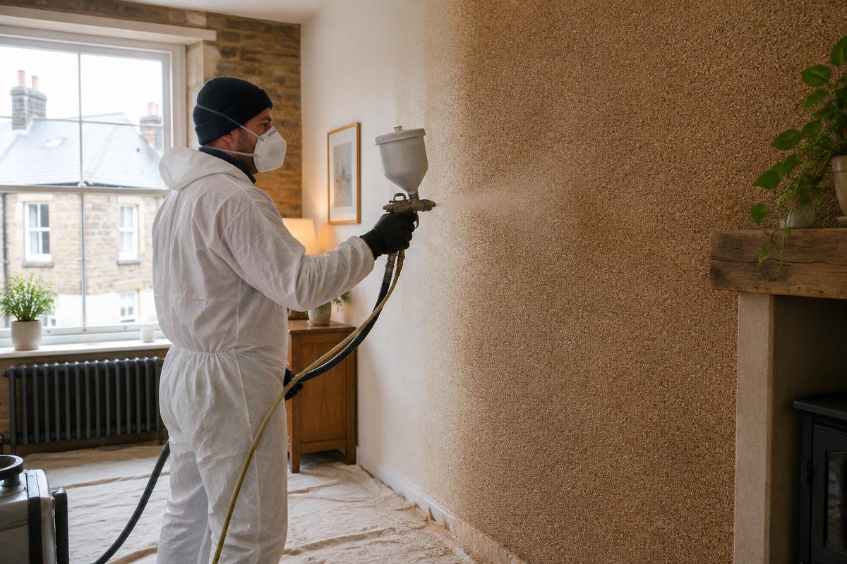 Spray cork insulation being applied to an internal wall